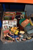 TWO BOXES OF VINTAGE COLLECTABLES to include six Action Man dolls and a Max Steel cyborg doll,