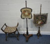 A 19TH CENTURY TAPESTRY BANNER POLE SCREEN, with a turned support, raised on three scrolled legs,