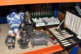 A GROUP OF MISCELLANEOUS ITEMS to include two Japanese blue and white Meiji period vases with