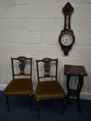 A PAIR OF EDWARDIAN MARQUETRY INLAID HALL CHAIRS, along with an oak aneroid barometer, and a