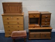 A SELECTION OF PINE FURNITURE, to include a pine effect chest of six drawers, two bedsides, coffee