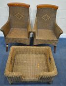 A PAIR OF RATTAN ARMCHAIRS, width 65cm x depth 58cm x height 97cm, along with a dog bed, condition