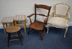 A MODERN CREAM FRENCH OPEN ARMCHAIR, a 19th century open armchair, two beech stools, oval stool,