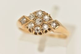 AN 18CT GOLD DIAMOND CLUSTER RING, nine old cut diamonds, prong set in a yellow gold mount leading