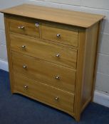 A MODERN LIGHT OAK CHEST OF TWO OVER THREE DRAWERS, width 98cm x depth 42cm x height 103cm,