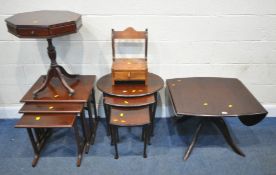 A SELECTION OF OCCASIONAL FURNITURE, to include a drop leaf table, two nest of three tables, an