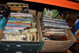 THREE BOXES AND LOOSE MISCELLANEOUS ITEMS to include a wooden mantel clock, a box of assorted