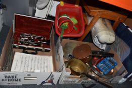 TWO BOXES AND LOOSE MISCELLANEOUS ITEMS to include two brass pans, a copper pan with a lid, a copper