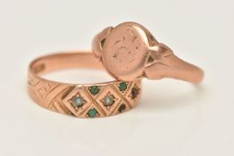 TWO 9CT GOLD RINGS, both AF, the first a late Victorian rose gold ring set with split pearls and