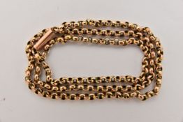 A ROSE METAL CHAIN NECKLACE, a fine belcher chain necklace, fitted with a cylinder clasp,