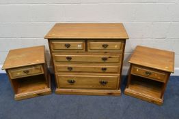 A YOUNGER PINE THREE PIECE BEDROOM SUITE, comprising a chest of two short over three long drawers,