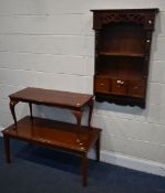 A HARDWOOD WALL MOUNTED OPEN BOOKCASE, with three drawers and turned rail, width 62cm x depth 18cm x