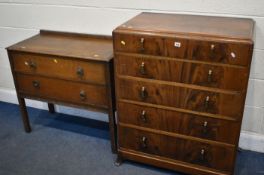 A 1940'S MAHOGANY CHEST OF FIVE DRAWERS, width 83cm x depth 51cm x height 106cm, along with an oak