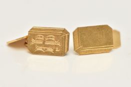 A PAIR OF YELLOW METAL CUFFLINKS, a pair of rectangular form cufflinks with monogram detail fitted