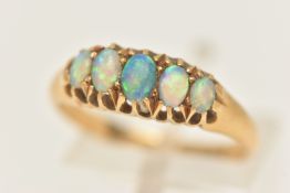AN 18CT GOLD OPAL RING, five oval opals, prong set in yellow gold, tapered shoulders, hallmarked
