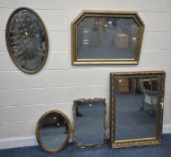 A GILT RESIN RECTANGULAR BEVELLED EDGE WALL MIRROR, 103cm x 74cm, along with four other gilt frame