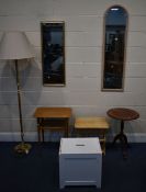 A SELECTION OF OCCASIONAL HOUSEHOLD FURNITURE, to include two wall mirrors, beech magazine rack, oak