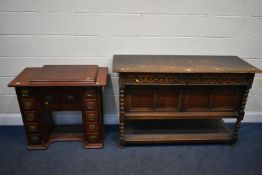 AN EARLY TO MID 20TH CENTURY SIDEBOARD, with two drawers, width 137cm x depth 51cm x height 88cm,