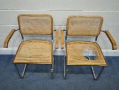 IN THE MANNER OF MARCEL BREUER, A PAIR OF 'CESCA' ARMCHAIRS, with cane seat and back, raised on a