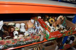 THREE BOXES AND LOOSE DECORATIVE ITEMS to include two carved Kenyan masks height of tallest 32cm,