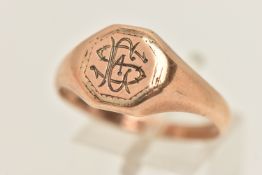 A GENTS 9CT GOLD SIGNET RING, engraved monogram, polished band, hallmarked 9ct Birmingham, ring size