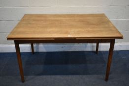 A MID-CENTURY DANISH TEAK DRAW LEAF DINING TABLE, on cylindrical tapered legs, extended length 239cm