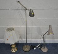 A PALE BROWN ANGLEPOISE LAMP, a glass table lamp, and a standard lamp, condition report: