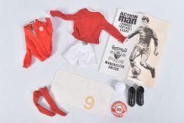 A VINTAGE UNBOXED PALITOY ACTION MAN MANCHESTER UNITED FOOTBALL KIT SET, comprising red shirt with