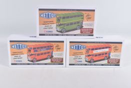 THREE BOXED LIMITED EDITION CORGI MET TOY TRADITIONAL TINPLATE DOUBLE DECKER BUSES, to include a