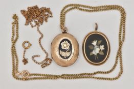 TWO PENDANTS AND TWO CHAINS, the first a yellow metal oval locket pendant decorated with a black and
