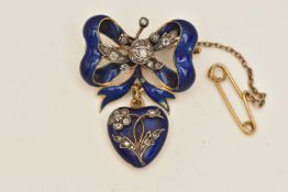 A VICTORIAN BLUE GUILLOCHE ENAMEL AND DIAMOND SET HEART AND BOW BROOCH, the heart dropper
