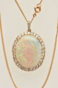 A LARGE WHITE OPAL AND DIAMOND PENDANT WITH CHAIN, large oval white opal cabochon, showing flashes