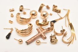 ASSORTED YELLOW METAL EARRINGS AND A 9CT GOLD PENDANT, to include half hoops, studs and drops,
