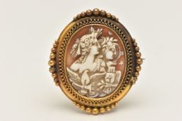 A YELLOW METAL CAMEO BROOCH, of an oval form, carved shell cameo depicting Greek Goddesses Diana and