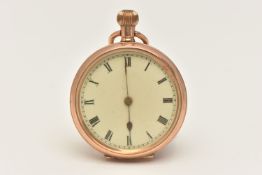 A 9CT GOLD LADIES OPEN FACE POCKET WATCH, hand wound movement, round dial, Roman numerals, yellow