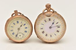 TWO LADIES OPEN FACE POCKET WATCHES, the first a hand wound movement, Roman numerals, yellow metal