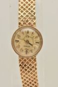 A YELLOW METAL 'OMEGA' LADIES WRISTWATCH, AF hand wound movement, round dial signed 'Omega', baton