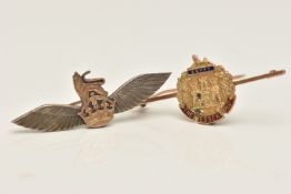 TWO SWEETHEART BROOCHES, the first with a rose metal lion and crown with white metal textured wings,