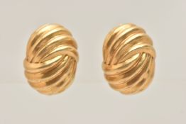 A PAIR OF HEAVY 18CT GOLD CLIP ON EARRINGS, oval textured design, fitted with hinge back clip