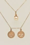 TWO PENDANT NECKLACES, the first pendant with a comedy and tragedy mask pendant, both hallmarked 9ct