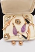 FIVE 9CT GOLD HALLMARKED EARRINGS AND A PAIR OF AMETHYST DROP EARRINGS, to include two pairs of drop