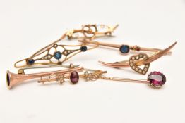 SIX LATE 19TH/EARLY 20TH CENTURY BROOCHES AND A STICK PIN, to include two brooches with heart