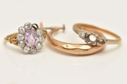 TWO RINGS AND A SINGLE EARRING, to include an AF ring missing two stones, set with one round