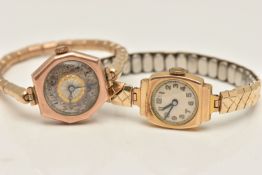 TWO 9CT GOLD LADIES WRISTWATCHES, two hand wound movement wristwatches, fitted with yellow gold