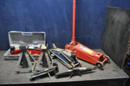 A CLARKE STRONG ARM 2 TONNE TROLLEY JACK, missing saddle, along with a boxed King Craft 2 tonne