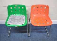 ROBIN DAY FOR HILLE, TWO COLOURED PLASTIC CHAIRS, raised on chrome legs, width 54cm x depth 54cm x