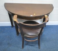 AN EARLY 20TH CENTURY MAHOGANY DEMI-LUNE SIDE TABLE, raised on square tapered legs, width 122cm x