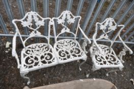 A WHITE PAINTED CAST ALUMINIUM GARDEN BENCH, with scrolled and foliate designs, length 92cm x