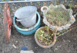 FOUR GARDEN POTS, varying in shape, size, style, design, materials, etc, the glaze pot diameter 50cm