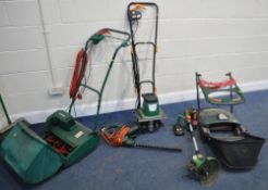 FIVE VARIOUS GARDEN POWER TOOLS, to include a Qualcast punch classic 35s cylinder lawnmower, a